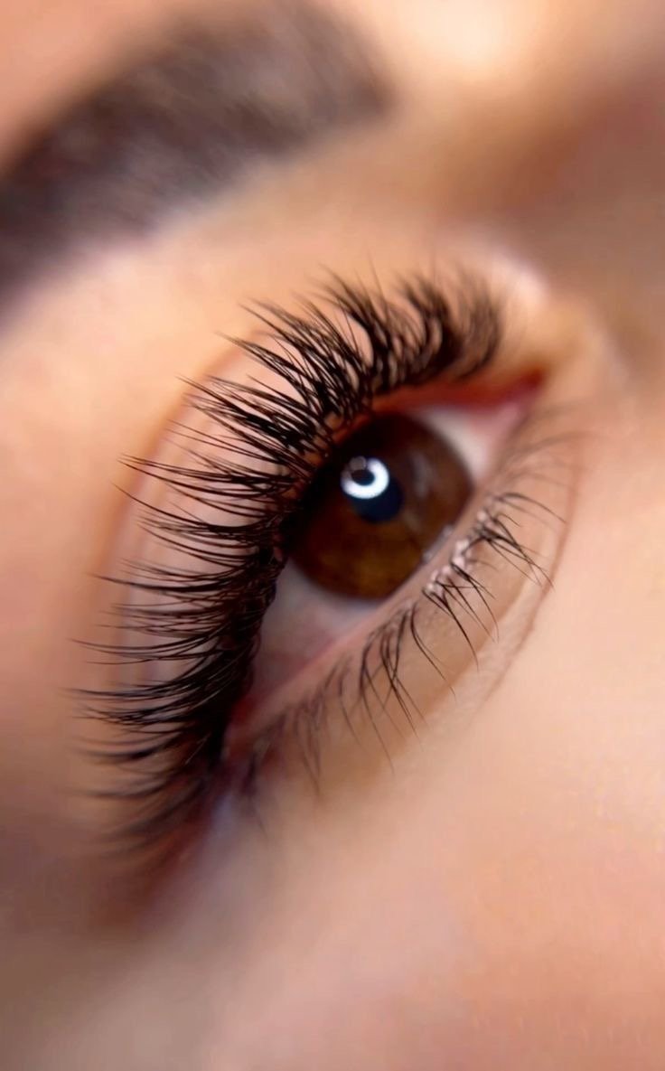 Close-up of a brown eye with curled lash extensions